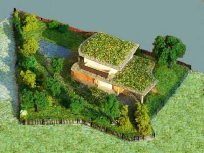 Nízkoenergetický slaměný dům - pohled na model vč. zahrady 