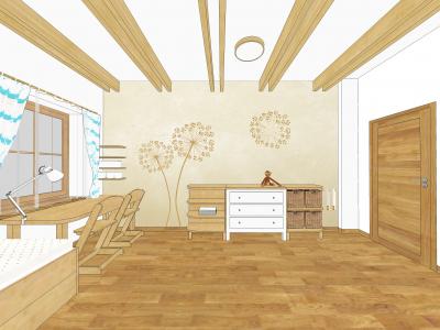 Návrh interiéru dětského pokoje. Oproti původnímu záměru majitelů zaklopit kleštiny krovu, zůstaly tyto krásné dřevěné prvky součástí interiéru.