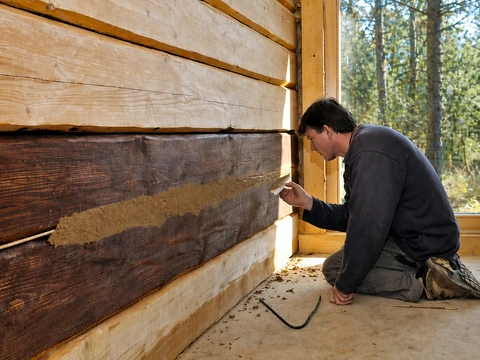 Spárování roubenek hliněnou omítkou v interiéru i exteriéru